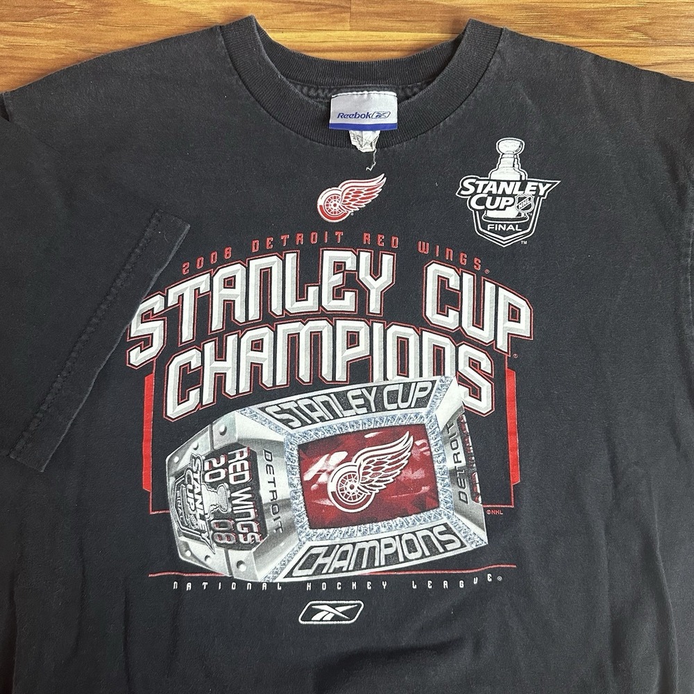 2008 Detroit Red Wings Stanley Cup Champions Shirt Mens Medium Black Reebok Y2K